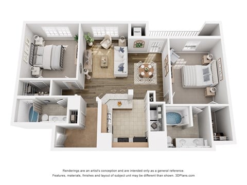 Floor plan for 2 beds, 2 baths, 1128 sqft